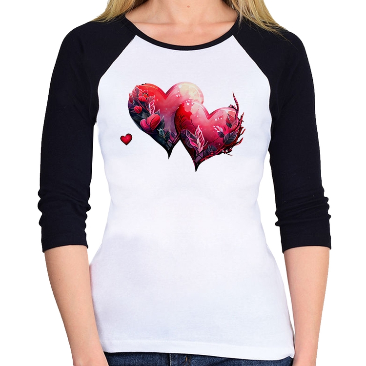 Baby Look Raglan Corações Flores Manga 3/4