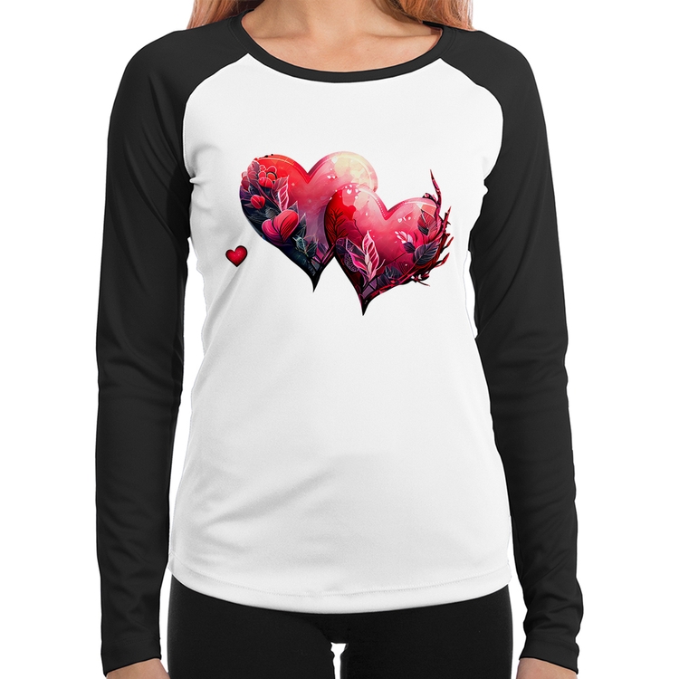 Baby Look Raglan Corações Flores Manga Longa