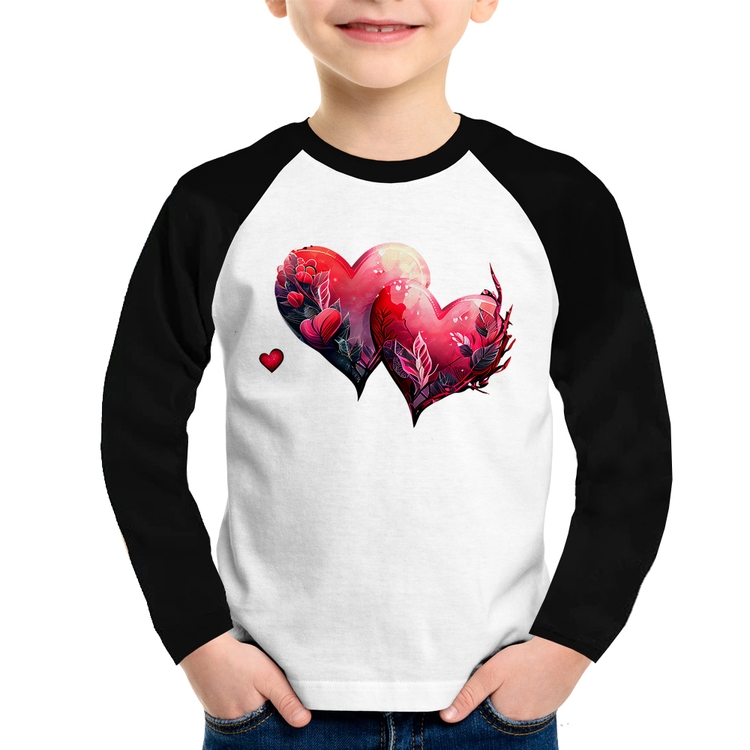 Camiseta Raglan Infantil Corações Flores Manga Longa