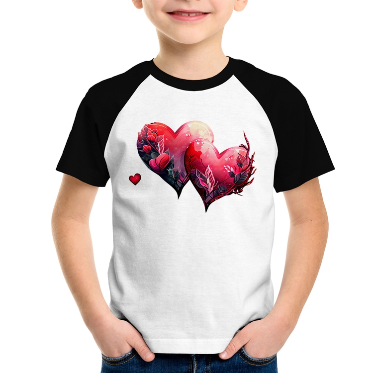 Camiseta Raglan Infantil Corações Flores