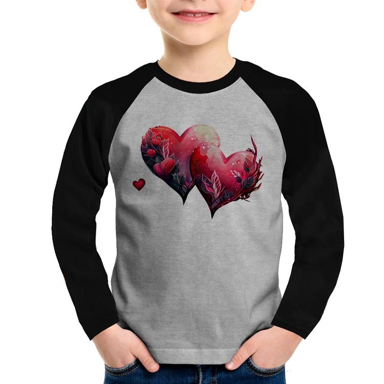 Camiseta Raglan Infantil Corações Flores Manga Longa - Cinza/Preto