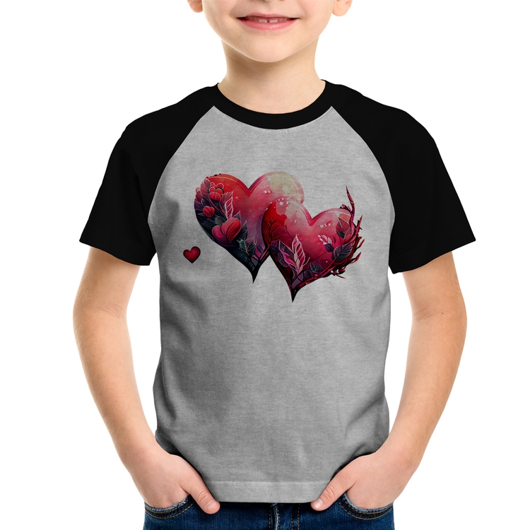 Camiseta Raglan Infantil Corações Flores - Cinza/Preto