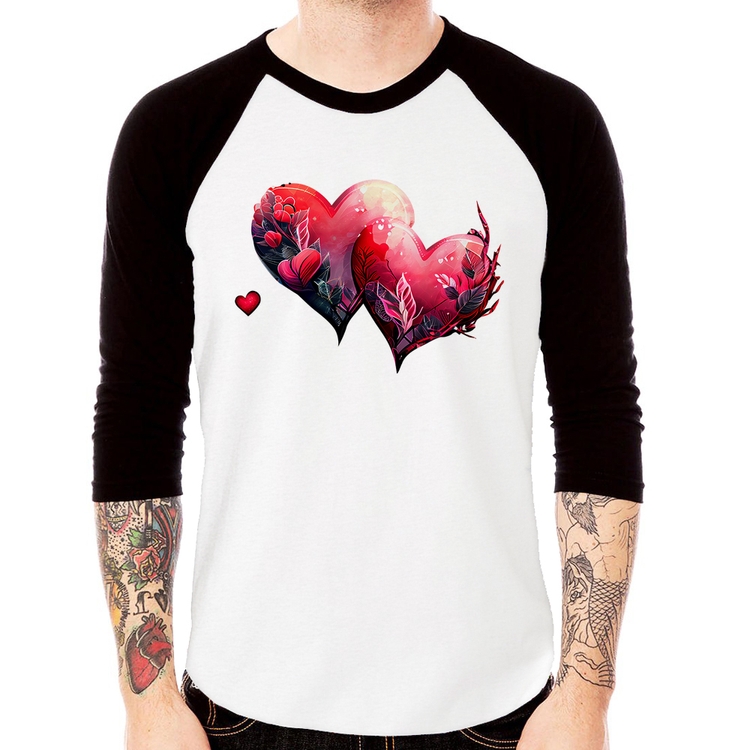 Camiseta Raglan Corações Flores Manga 3/4