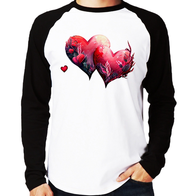 Camiseta Raglan Corações Flores Manga Longa