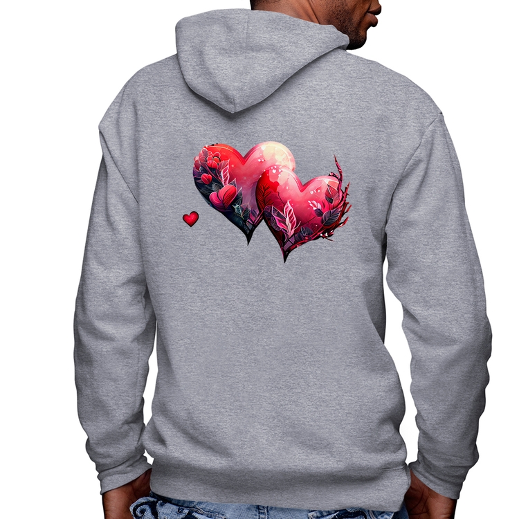 Blusa Moletom Corações Flores Masculina com Capuz e Zíper - Mescla