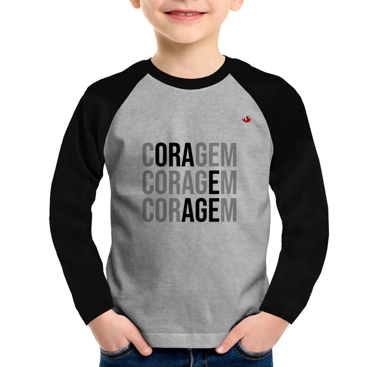 Camiseta Raglan Infantil Coragem, Ora e Age Manga Longa - Cinza/Preto