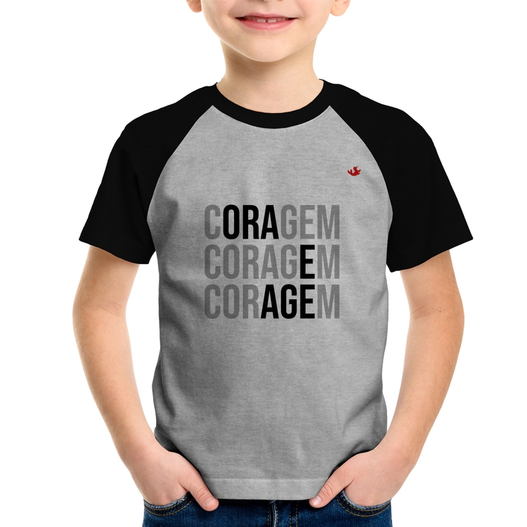 Camiseta Raglan Infantil Coragem, Ora e Age - Cinza/Preto
