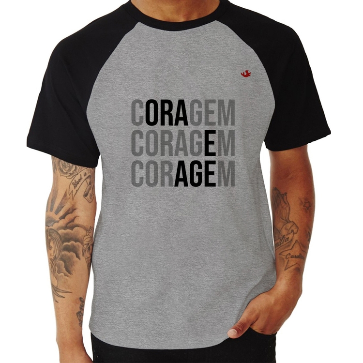 Camiseta Raglan Coragem, Ora e Age - Cinza/Preto