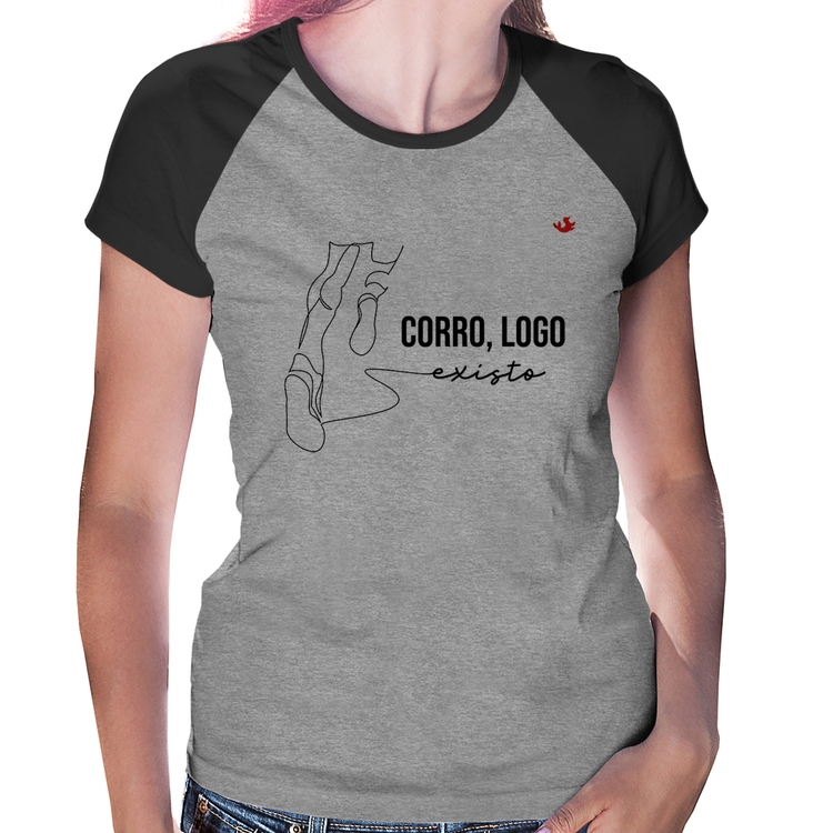 Baby Look Raglan Corro, logo existo - Cinza/Preto