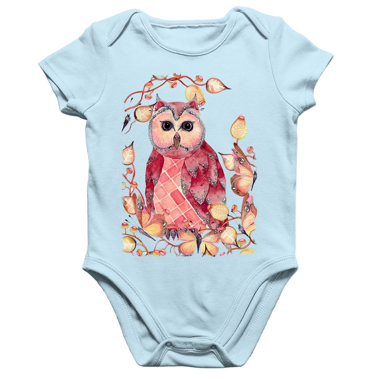 Body Bebê Algodão Coruja e Folhas - Azul Bebê