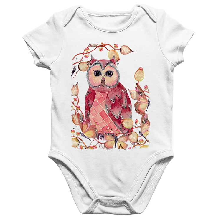 Body Bebê Algodão Coruja e Folhas - Branco