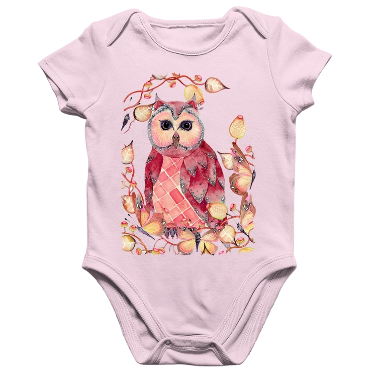 Body Bebê Algodão Coruja e Folhas - Rosa Bebê