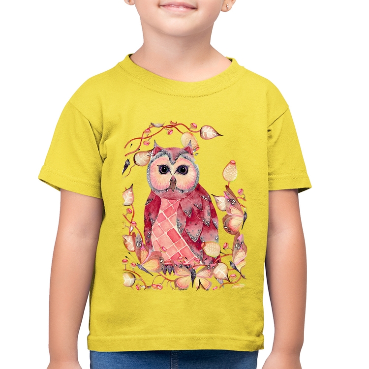 Camiseta Algodão Infantil Coruja e Folhas - Amarelo Canário