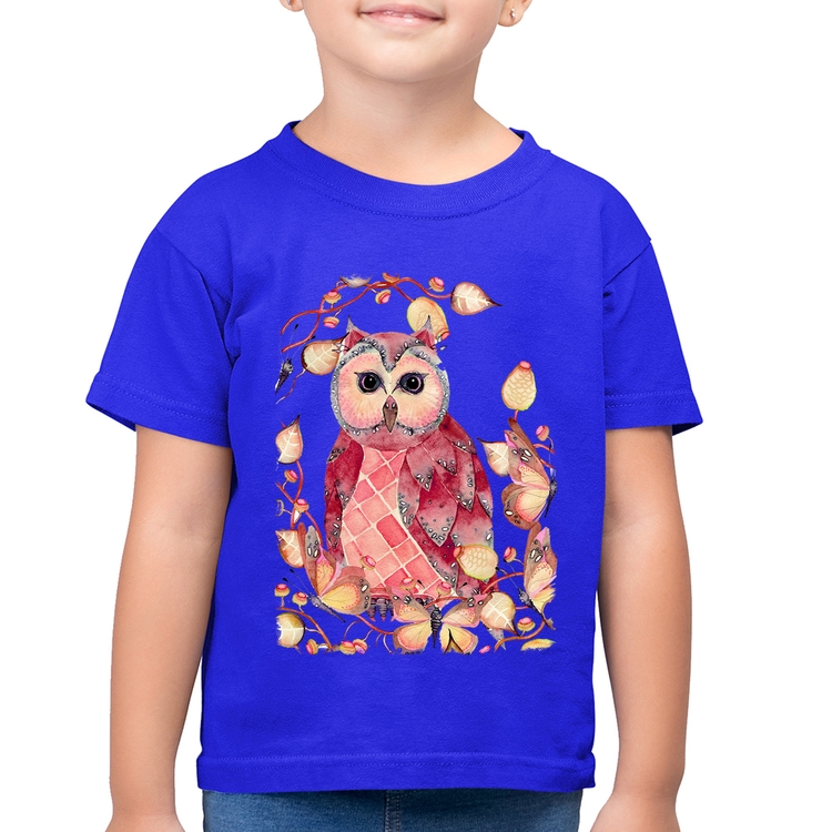 Camiseta Algodão Infantil Coruja e Folhas - Azul Royal