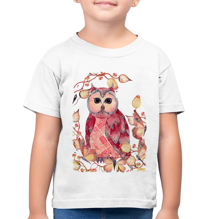 Camiseta Algodão Infantil Coruja e Folhas - Branca