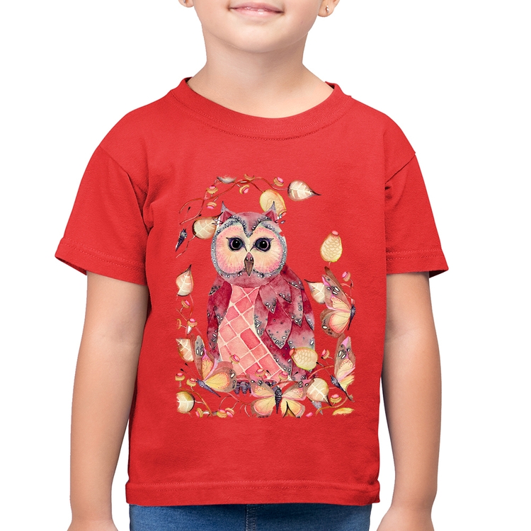 Camiseta Algodão Infantil Coruja e Folhas - Vermelha