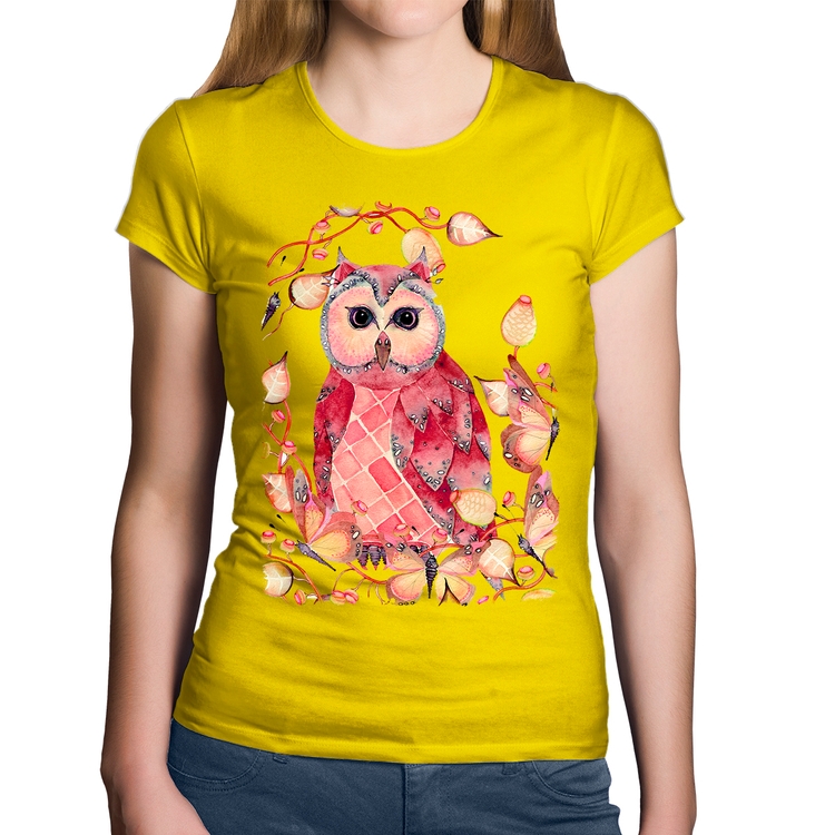 Baby Look Algodão Coruja e Folhas - Amarela