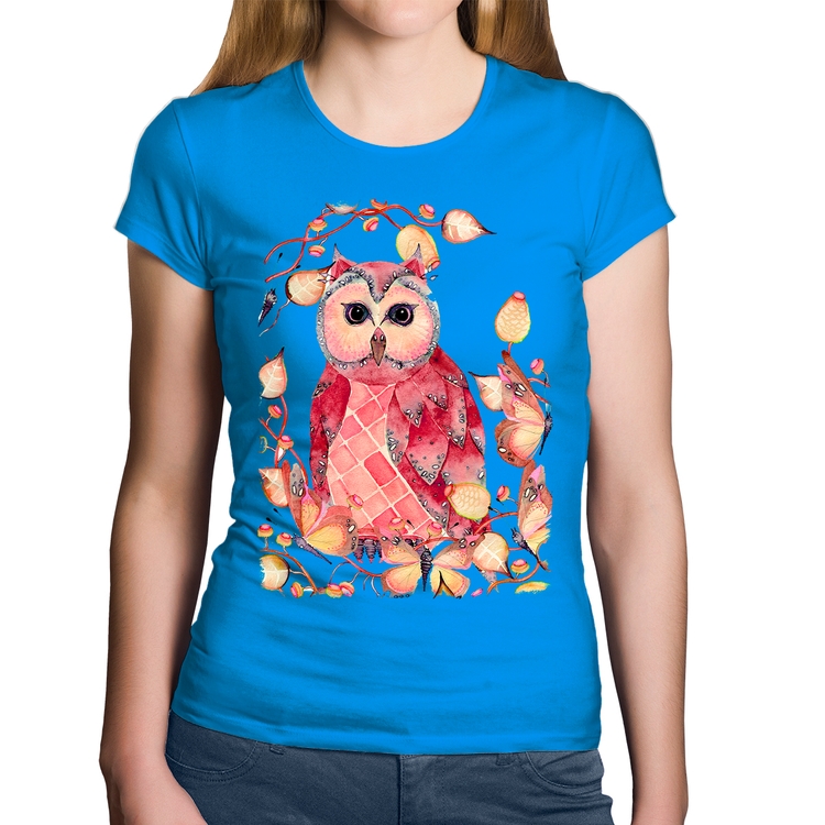 Baby Look Algodão Coruja e Folhas - Azul