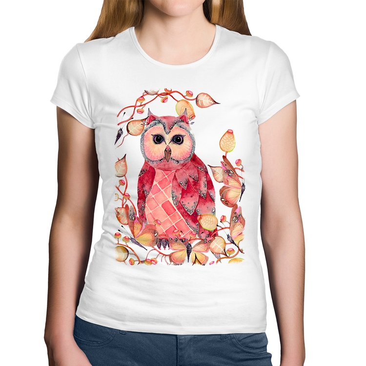 Baby Look Algodão Coruja e Folhas - Branca