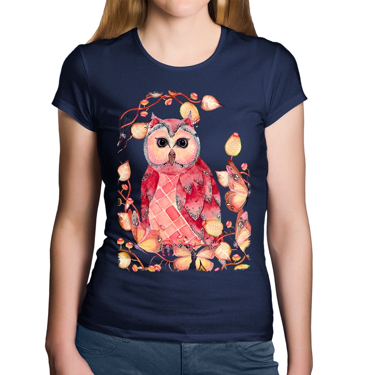 Baby Look Algodão Coruja e Folhas - Marinho