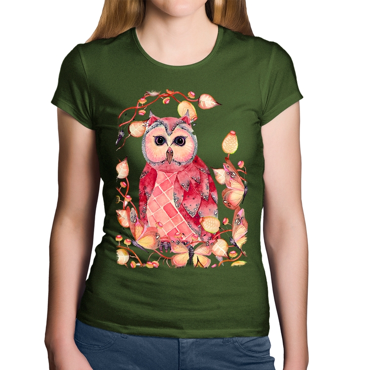 Baby Look Algodão Coruja e Folhas - Musgo