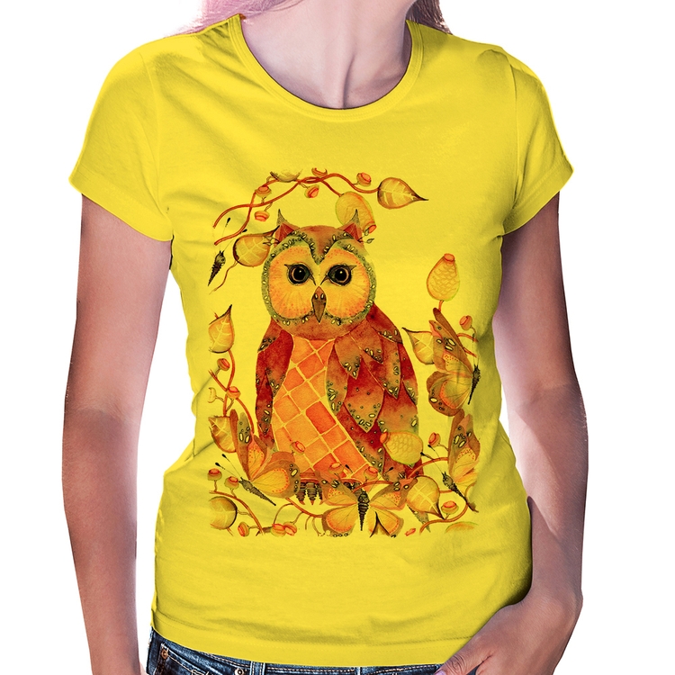 Baby Look Coruja e Folhas - Amarela