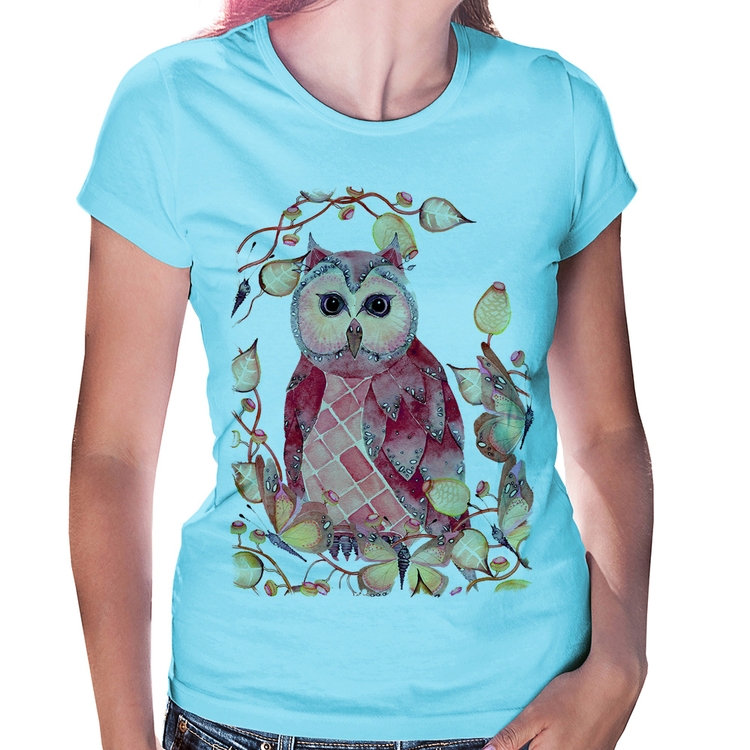 Baby Look Coruja e Folhas - Azul Bebê