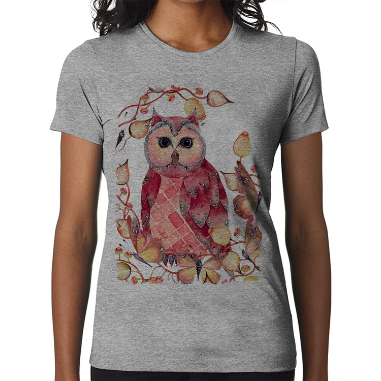 Baby Look Coruja e Folhas - Cinza