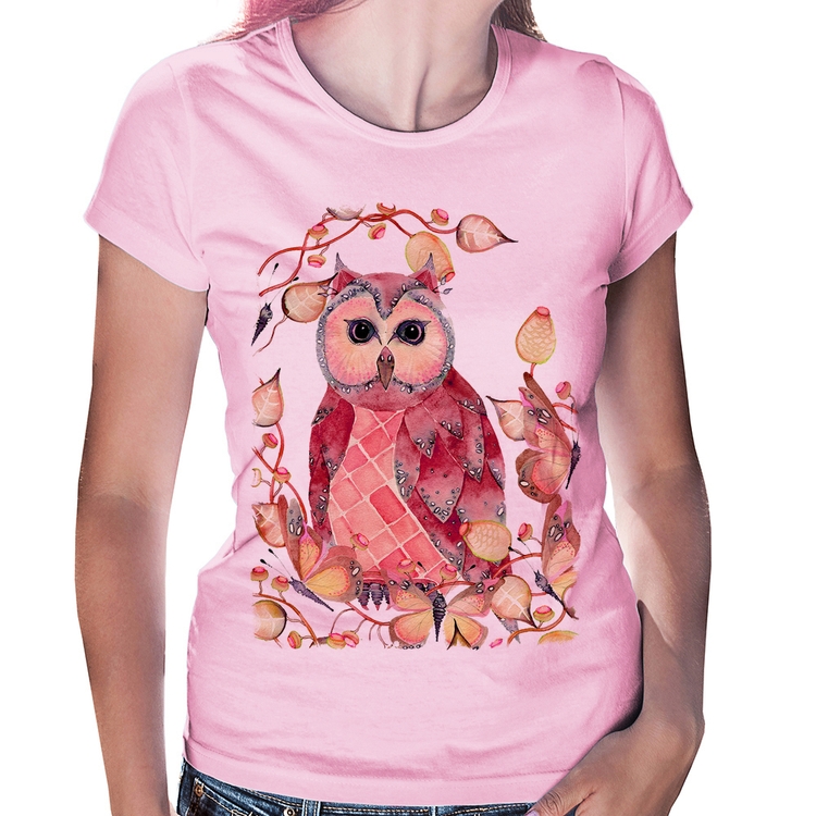 Baby Look Coruja e Folhas - Rosa Bebê