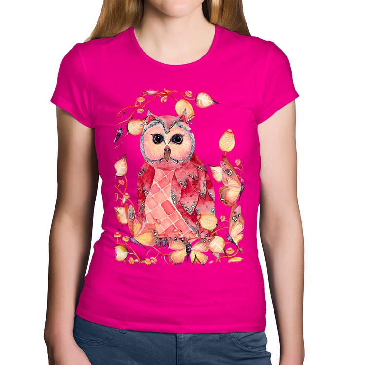 Baby Look Algodão Coruja e Folhas - Rosa