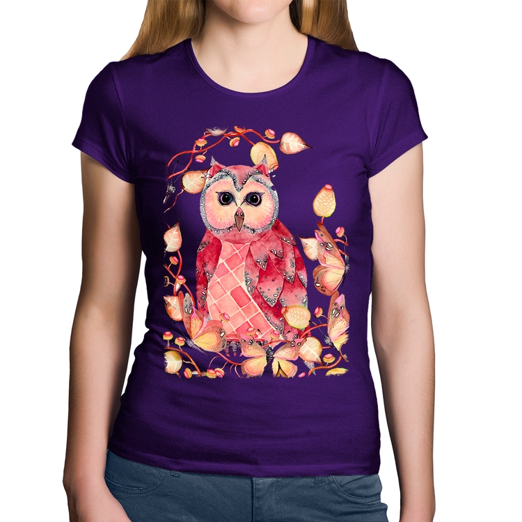 Baby Look Algodão Coruja e Folhas - Roxa