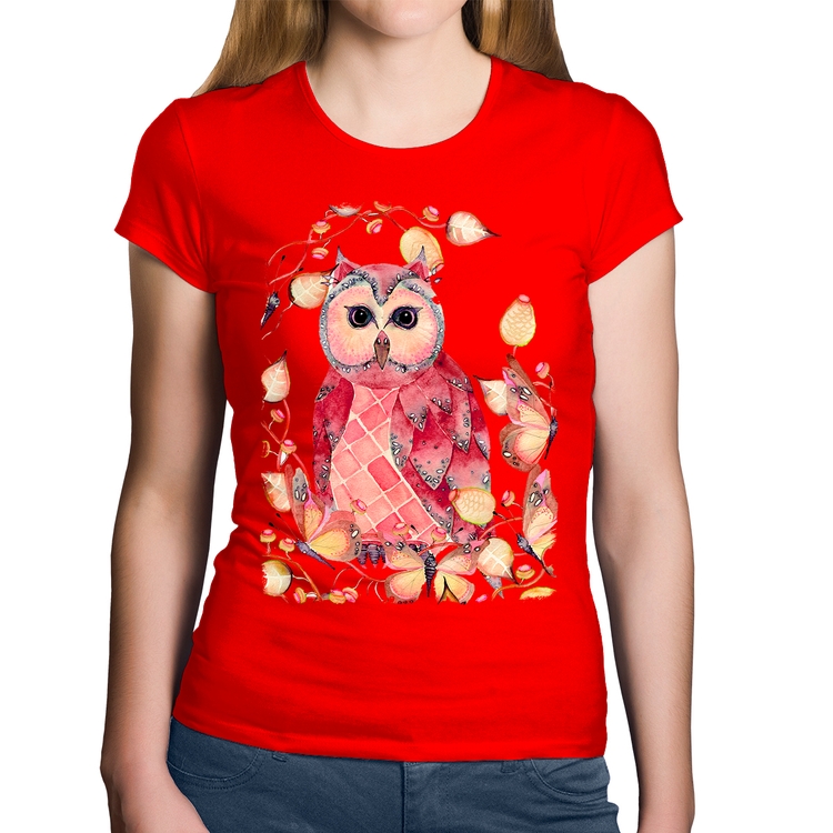 Baby Look Algodão Coruja e Folhas - Vermelha