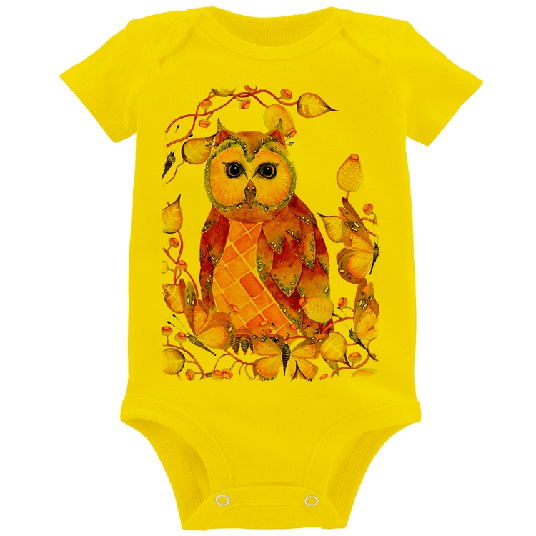Body Bebê Coruja e Folhas - Amarelo