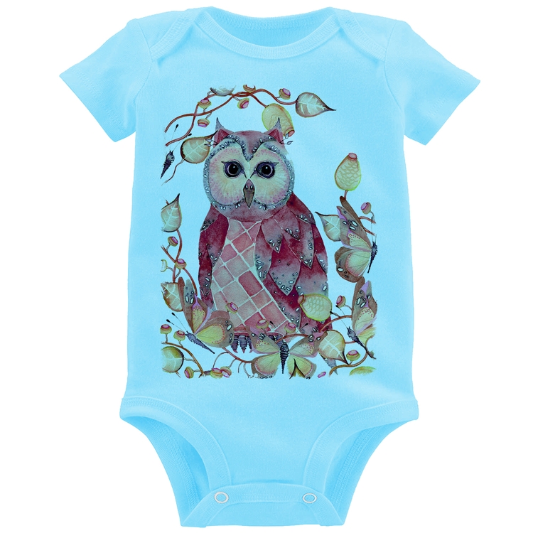Body Bebê Coruja e Folhas - Azul Bebê