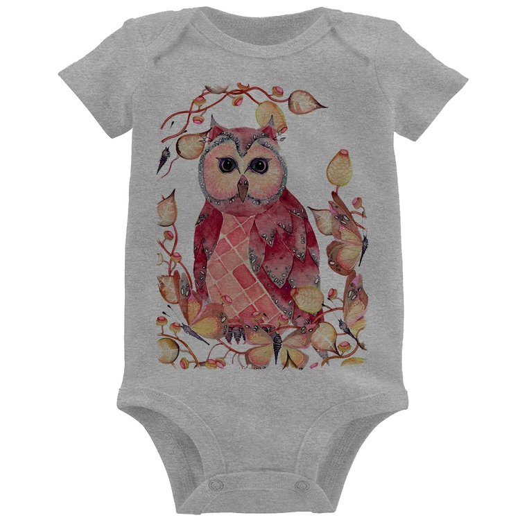 Body Bebê Coruja e Folhas - Cinza