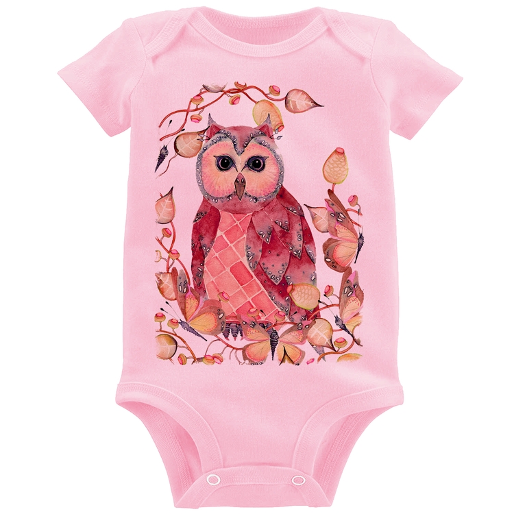 Body Bebê Coruja e Folhas - Rosa Bebê