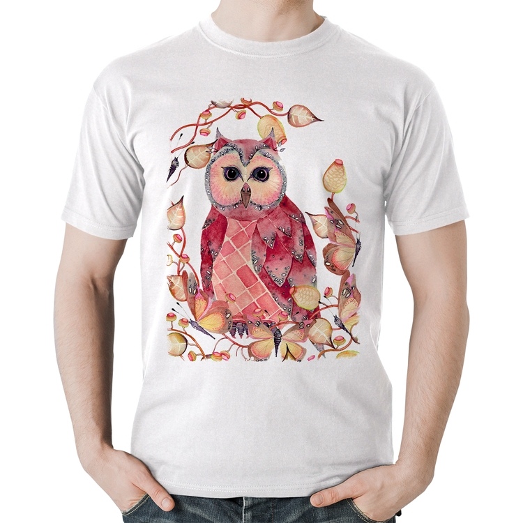 Camiseta Algodão Coruja e Folhas - Branca