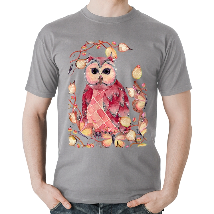 Camiseta Algodão Coruja e Folhas - Cinza