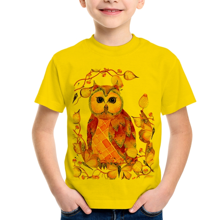 Camiseta Infantil Coruja e Folhas - Amarela