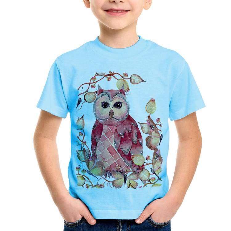 Camiseta Infantil Coruja e Folhas - Azul Bebê