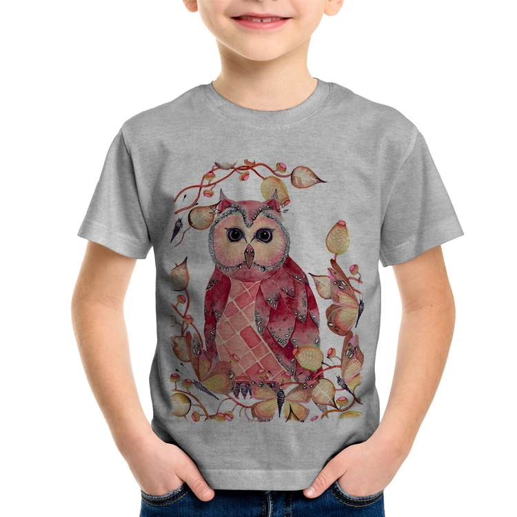 Camiseta Infantil Coruja e Folhas - Cinza