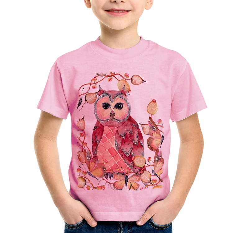 Camiseta Infantil Coruja e Folhas - Rosa Bebê