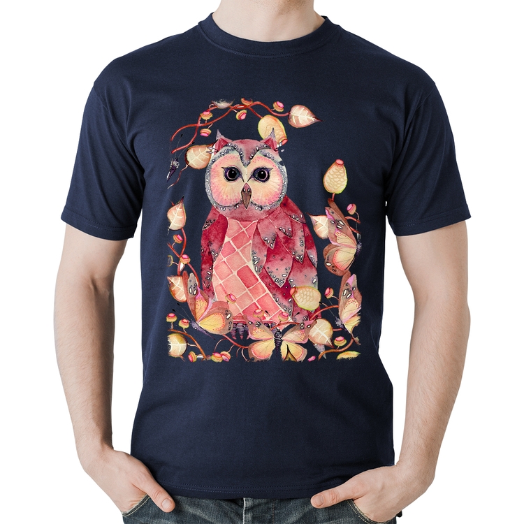 Camiseta Algodão Coruja e Folhas - Marinho