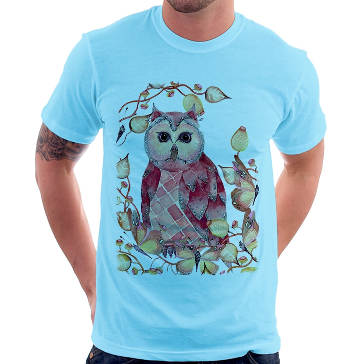 Camiseta Coruja e Folhas - Azul Bebê
