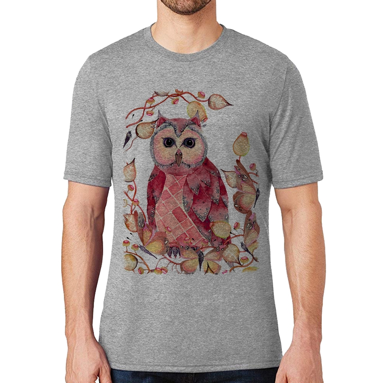 Camiseta Coruja e Folhas - Cinza