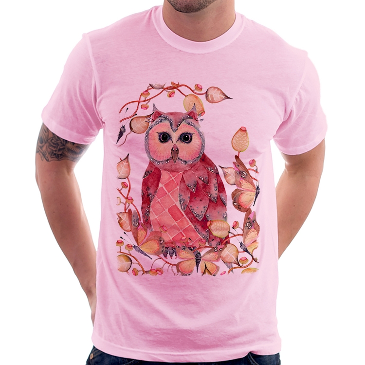Camiseta Coruja e Folhas - Rosa Bebê