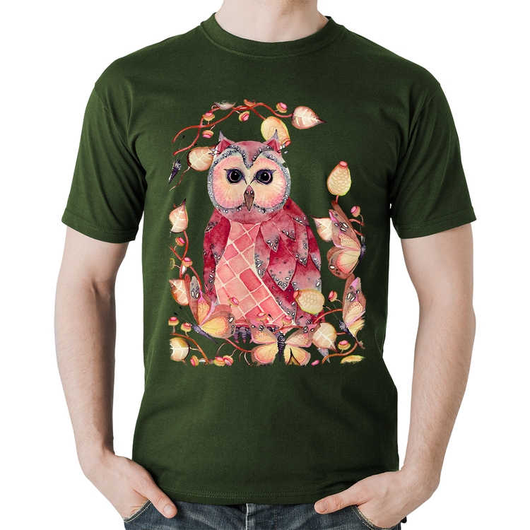 Camiseta Algodão Coruja e Folhas - Musgo