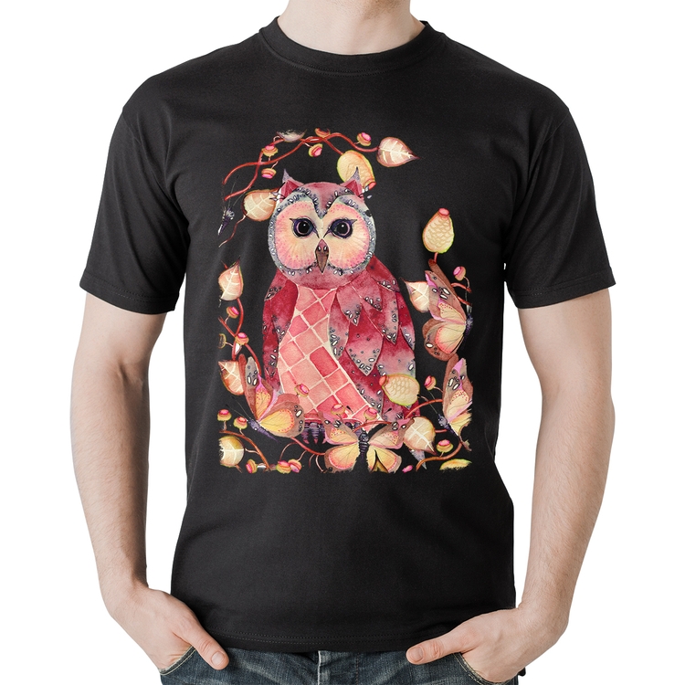 Camiseta Algodão Coruja e Folhas