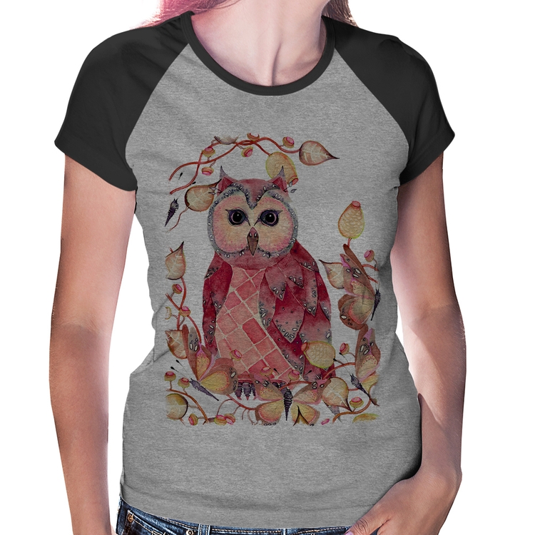 Baby Look Raglan Coruja e Folhas - Cinza/Preto