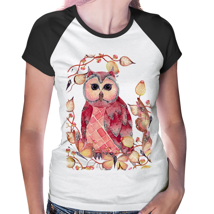 Baby Look Raglan Coruja e Folhas